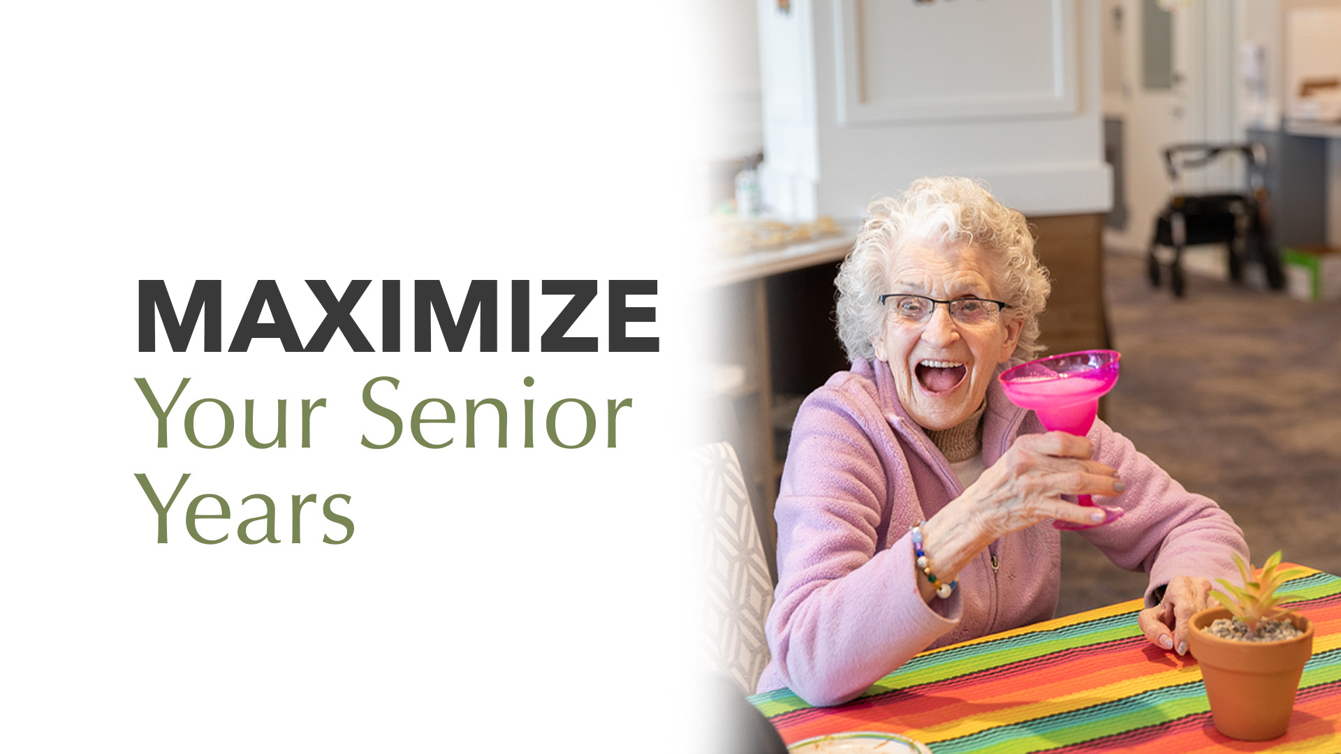 Senior laughing and enjoying a drink. The text on the image reads, 