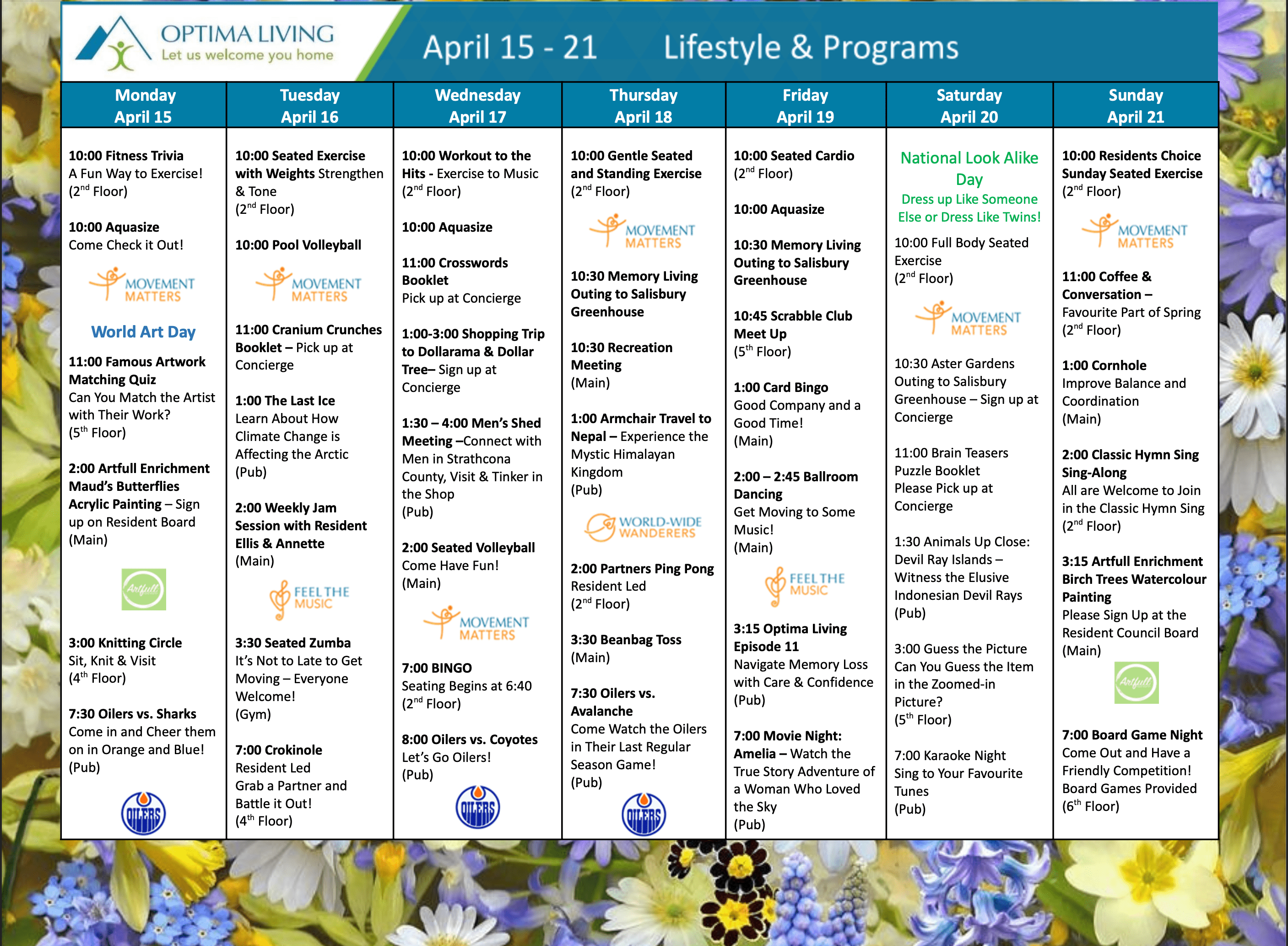 Aster Gardens April 15-21 2024 event calendar