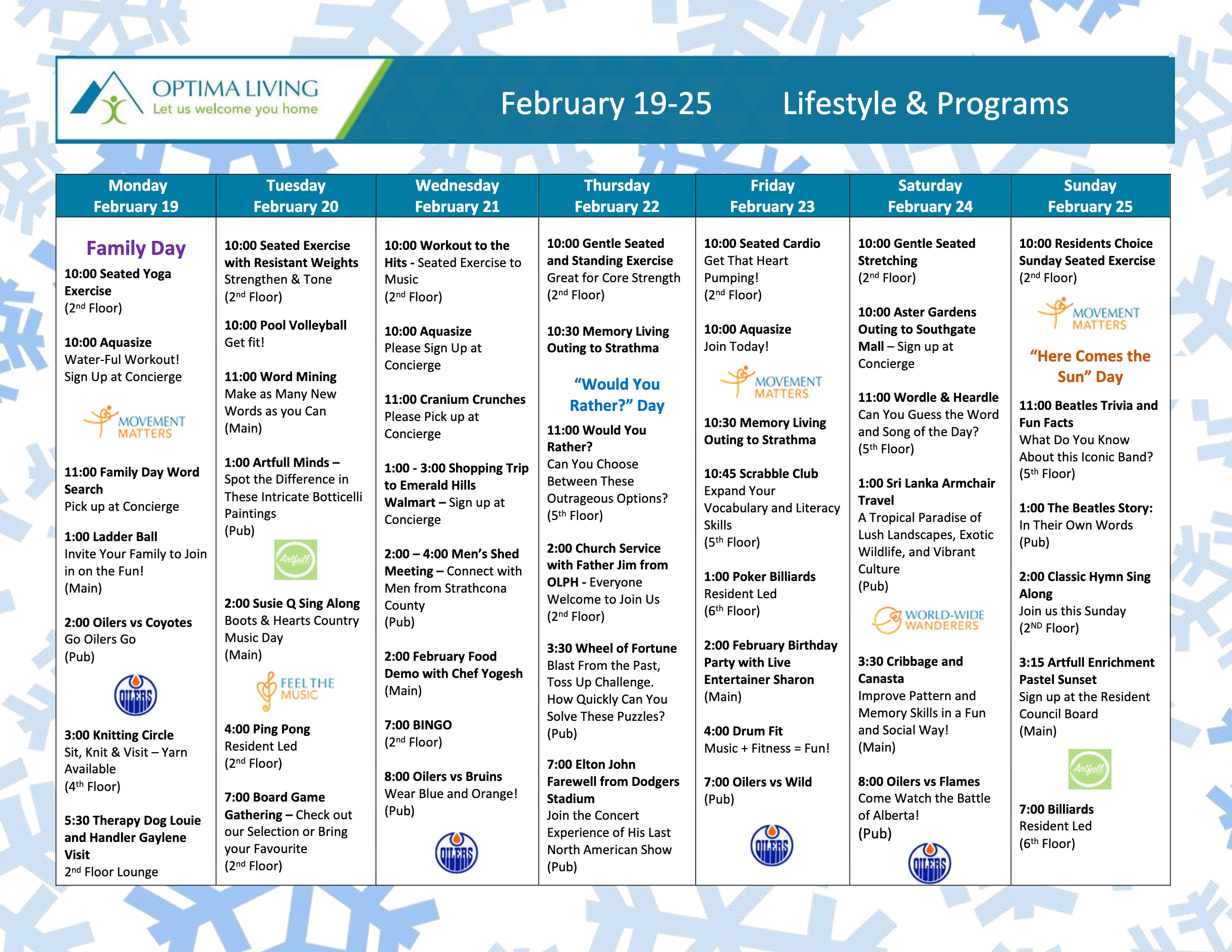 Aster Gardens February 19-25 2024 Monthly Event Calendar