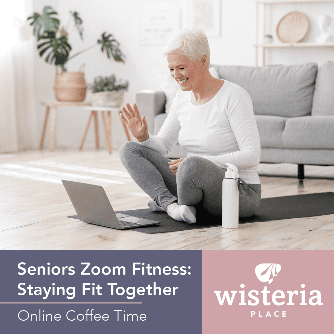 A senior lady while attending fitness class online