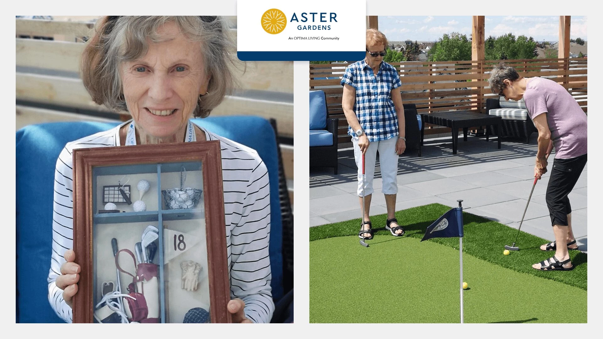 An elderly lady with a mini- golf kit frame and playing golf on other side
