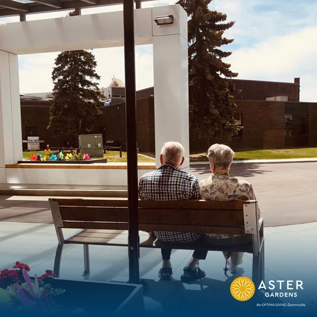 A senior couple sitting together on a bench