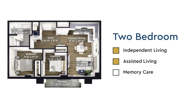 The floorplan of a two bedroom Aster Gardens suite